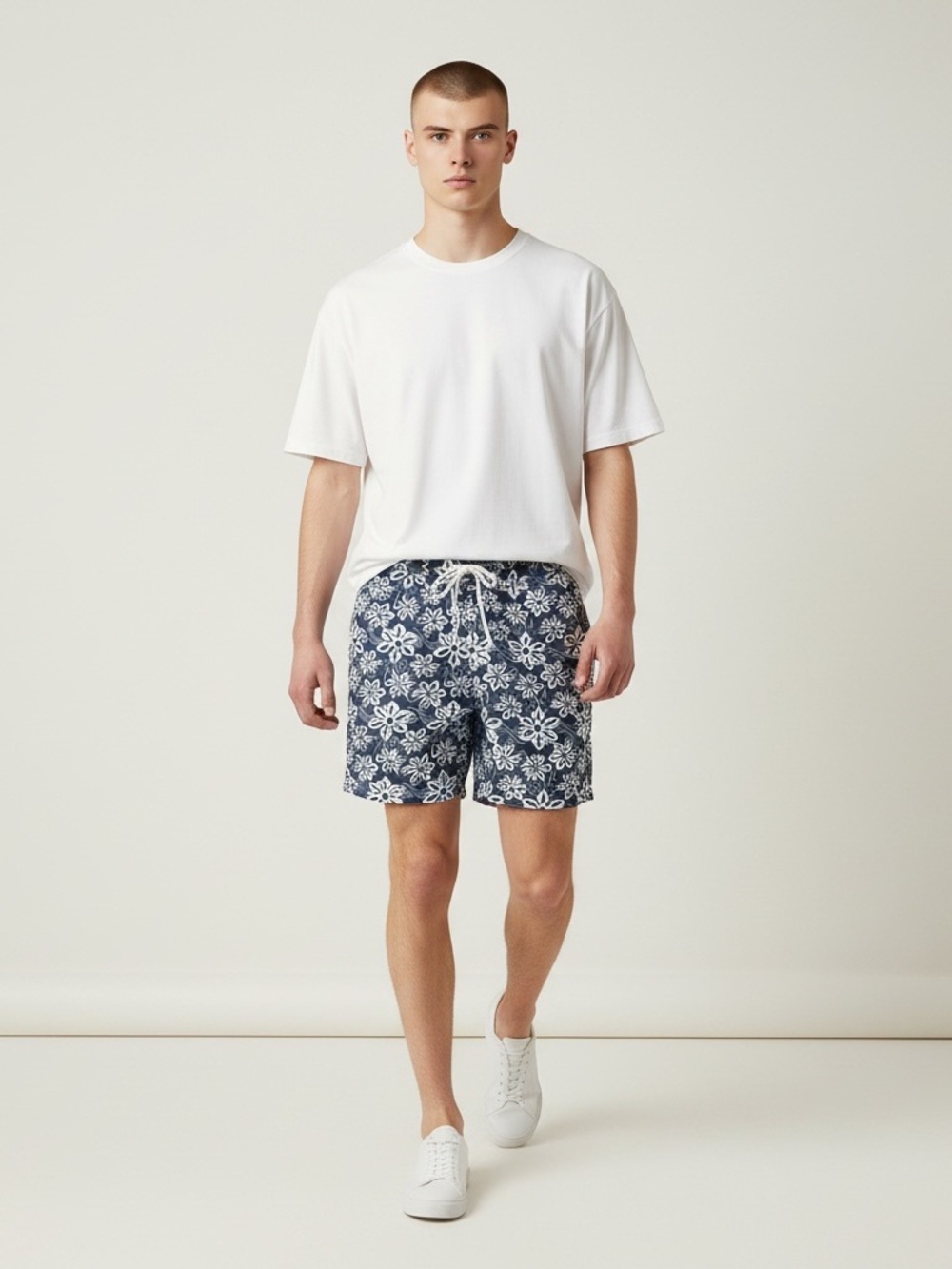Utility Men's Navy Floral Swim Trunks - White Drawstring Size 30